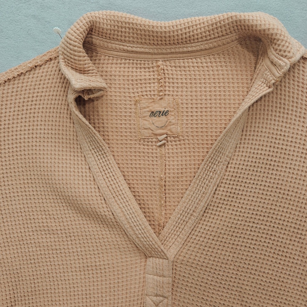 Aerie Oversized Waffle Knit Pullover V-Neck Long Sleeve Womens S‎ Granola Hiking - Picture 3 of 9